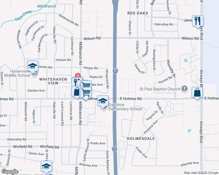 map of restaurants, bars, coffee shops, grocery stores, and more near 5132 Windcrest Road in Memphis