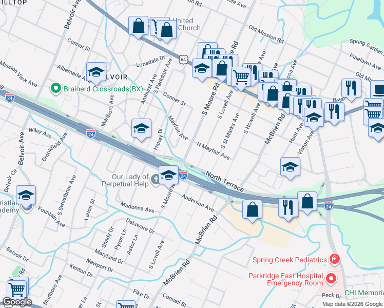 map of restaurants, bars, coffee shops, grocery stores, and more near 2178 North Mayfair Avenue in Chattanooga