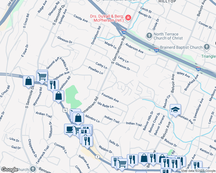 map of restaurants, bars, coffee shops, grocery stores, and more near 729 South Germantown Circle in Chattanooga
