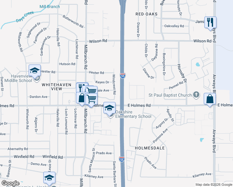 map of restaurants, bars, coffee shops, grocery stores, and more near 5132 Windcrest Road in Memphis