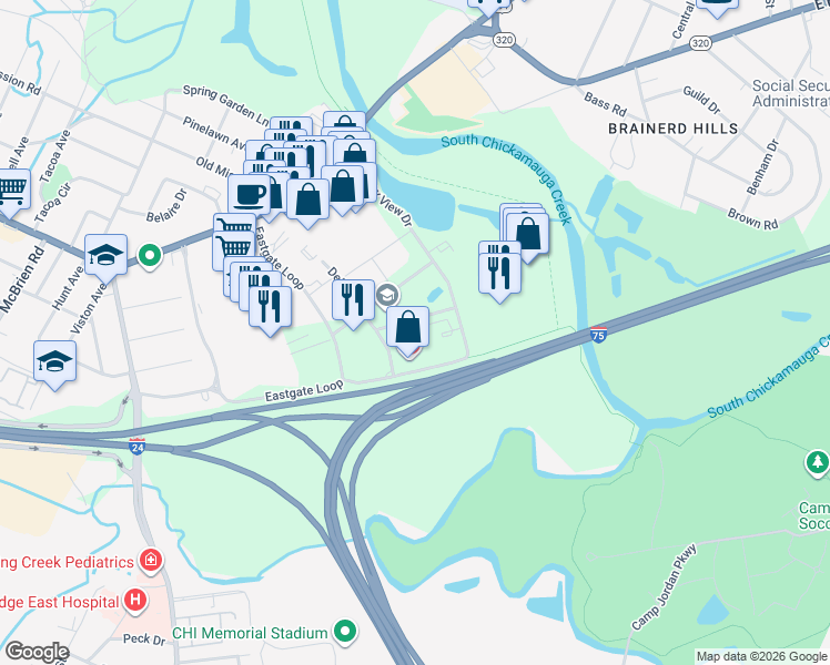 map of restaurants, bars, coffee shops, grocery stores, and more near 5720 Skurlock Road in Chattanooga
