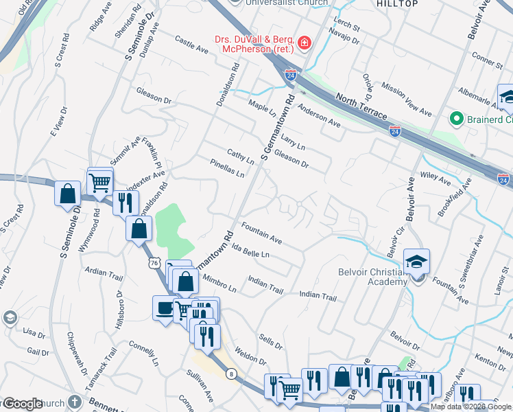 map of restaurants, bars, coffee shops, grocery stores, and more near 729 South Germantown Circle in Chattanooga