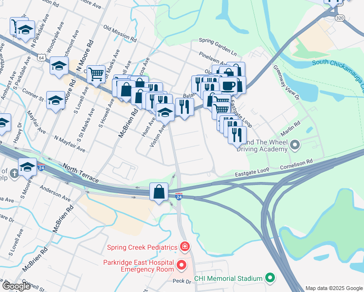 map of restaurants, bars, coffee shops, grocery stores, and more near 200 Spring Creek Road in Chattanooga