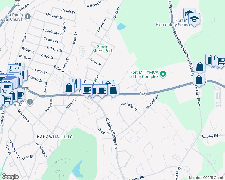 map of restaurants, bars, coffee shops, grocery stores, and more near 105 Bozeman Drive in Fort Mill