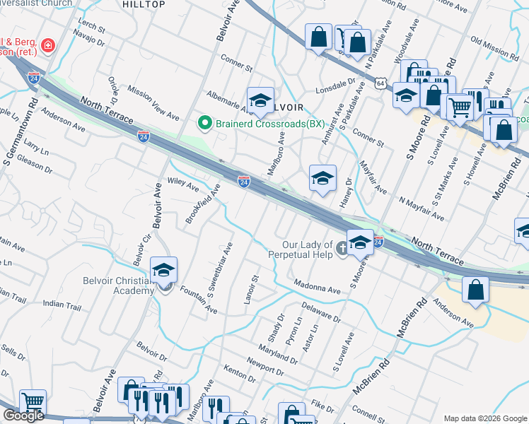 map of restaurants, bars, coffee shops, grocery stores, and more near 4204 South Terrace in Chattanooga
