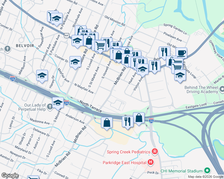 map of restaurants, bars, coffee shops, grocery stores, and more near 114 Mcbrien Road in Chattanooga