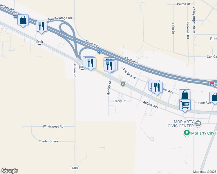 map of restaurants, bars, coffee shops, grocery stores, and more near 110 Holiday Street in Moriarty