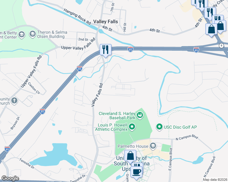 map of restaurants, bars, coffee shops, grocery stores, and more near 215 Ranch Road in Spartanburg
