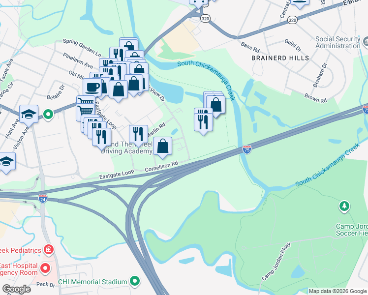 map of restaurants, bars, coffee shops, grocery stores, and more near 481 Skurlock Road in Chattanooga