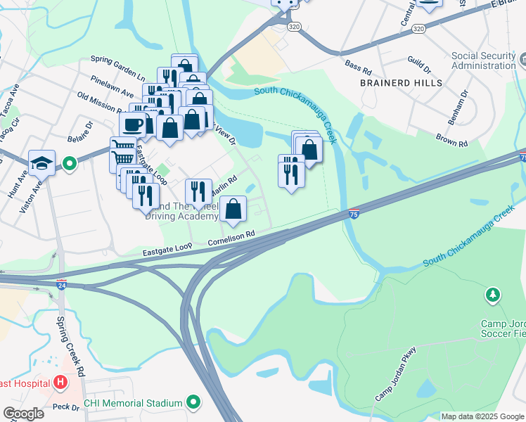 map of restaurants, bars, coffee shops, grocery stores, and more near 481 Greenway View Drive in Chattanooga