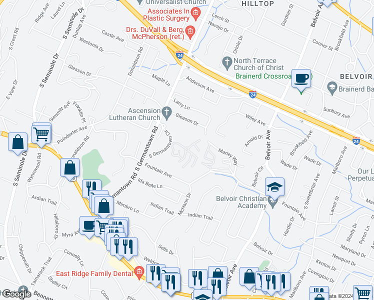 map of restaurants, bars, coffee shops, grocery stores, and more near 729 South Germantown Circle in East Ridge