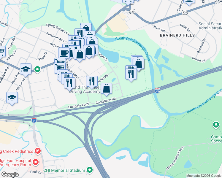map of restaurants, bars, coffee shops, grocery stores, and more near 481 Greenway View Drive in Chattanooga