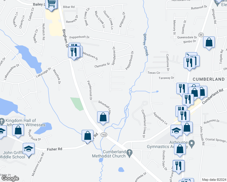 map of restaurants, bars, coffee shops, grocery stores, and more near 5595 Arapahoe Court in Fayetteville