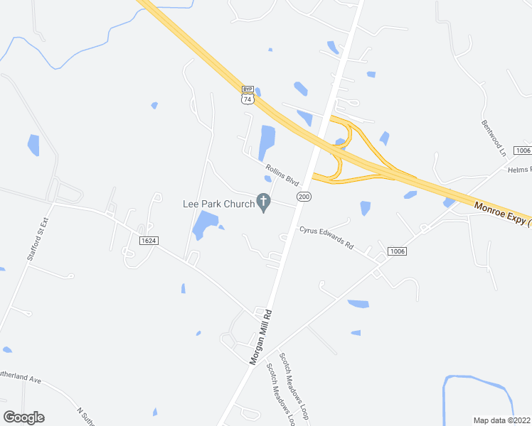 map of restaurants, bars, coffee shops, grocery stores, and more near 2505 Morgan Mill Road in Monroe