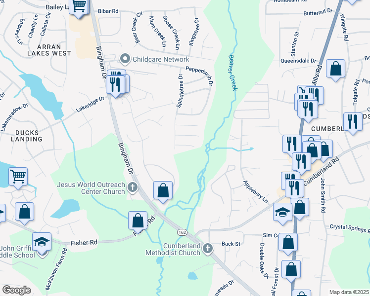 map of restaurants, bars, coffee shops, grocery stores, and more near 5587 Arapahoe Court in Fayetteville
