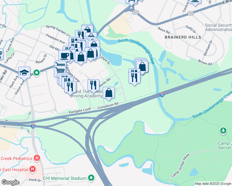 map of restaurants, bars, coffee shops, grocery stores, and more near 481 Skurlock Road in Chattanooga