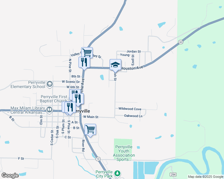 map of restaurants, bars, coffee shops, grocery stores, and more near 755 Ash Street in Perryville