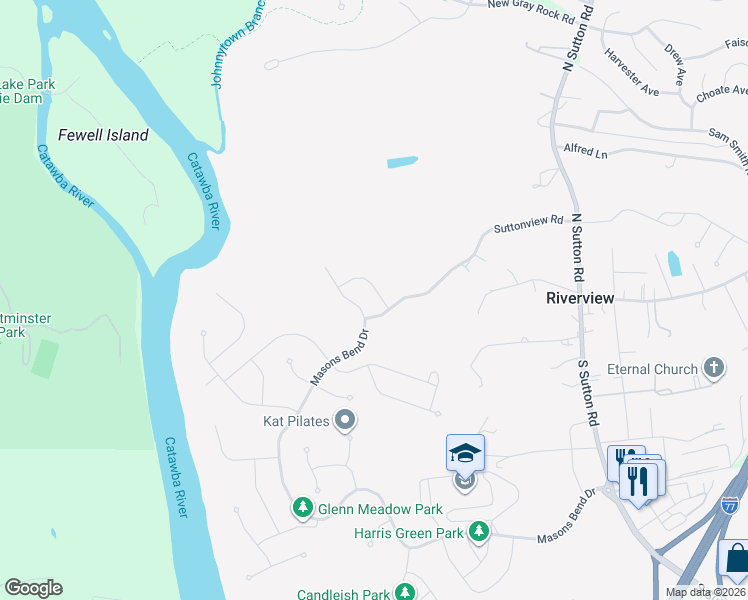 map of restaurants, bars, coffee shops, grocery stores, and more near 1990 Sutton View Road in Fort Mill