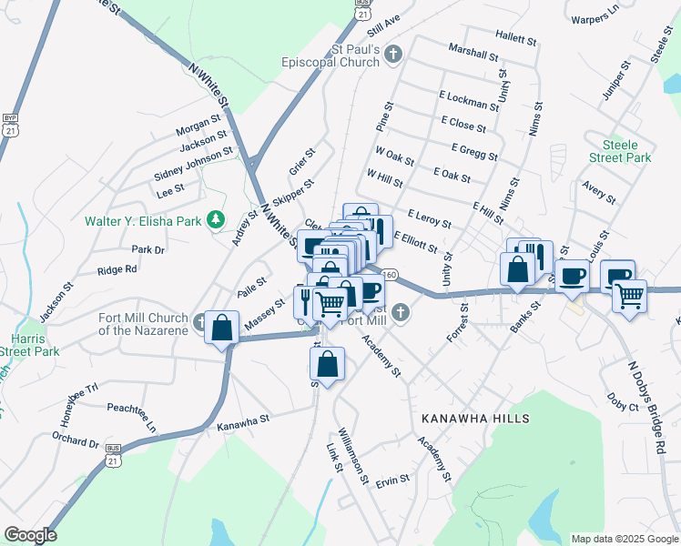 map of restaurants, bars, coffee shops, grocery stores, and more near 111 Clebourne Street in Fort Mill