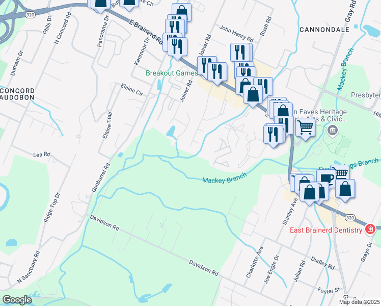 map of restaurants, bars, coffee shops, grocery stores, and more near 1116 Lenny Lane in Chattanooga