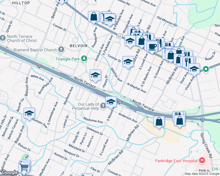 map of restaurants, bars, coffee shops, grocery stores, and more near 406 Haney Drive in Chattanooga