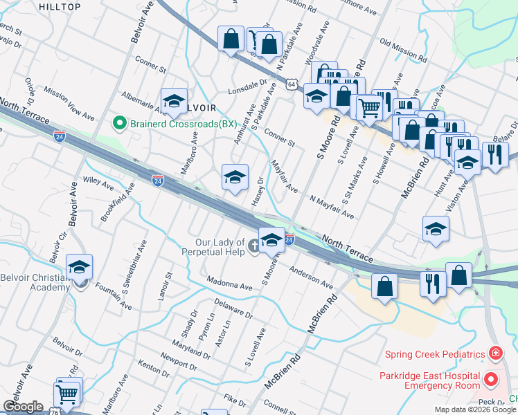 map of restaurants, bars, coffee shops, grocery stores, and more near 406 Haney Drive in Chattanooga