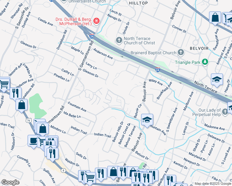 map of restaurants, bars, coffee shops, grocery stores, and more near 3717 Marley Way in Chattanooga