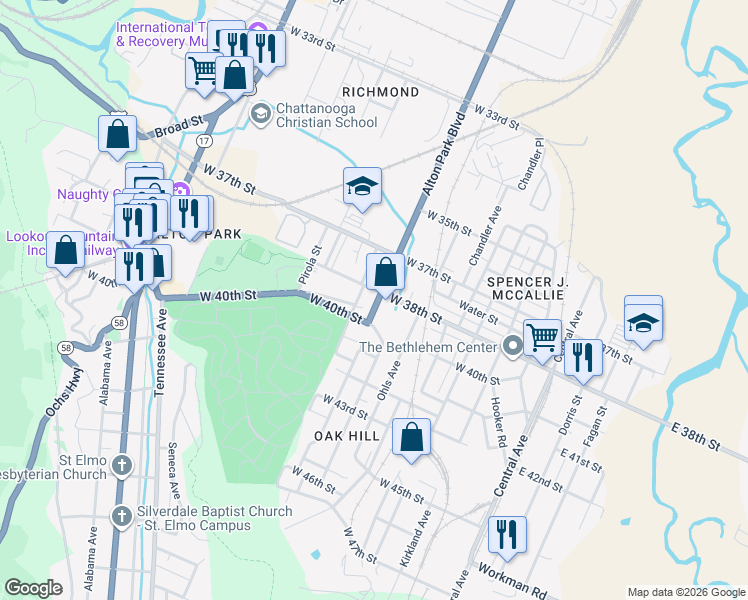 map of restaurants, bars, coffee shops, grocery stores, and more near 3719 Alton Park Boulevard in Chattanooga