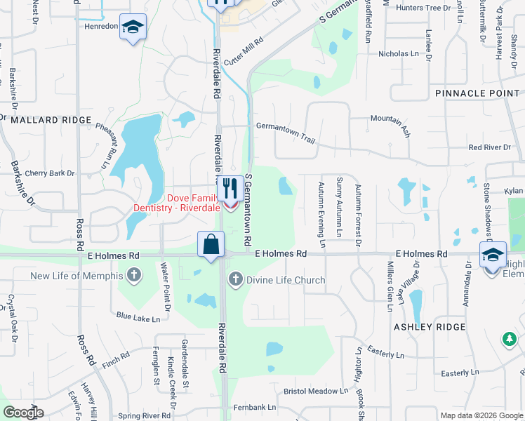 map of restaurants, bars, coffee shops, grocery stores, and more near 5140 South Germantown Road in Memphis
