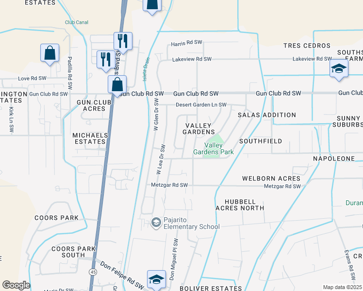 map of restaurants, bars, coffee shops, grocery stores, and more near 4615 Chetwood Lane Southwest in Albuquerque