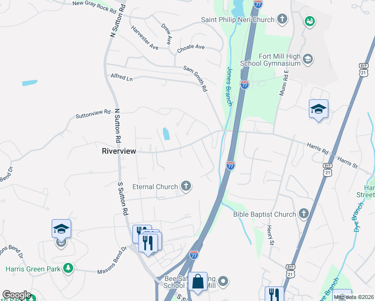 map of restaurants, bars, coffee shops, grocery stores, and more near 1595 Harris Road in Fort Mill