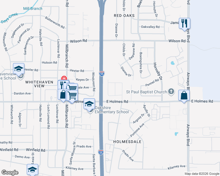 map of restaurants, bars, coffee shops, grocery stores, and more near 1877 Pennel Road in Memphis