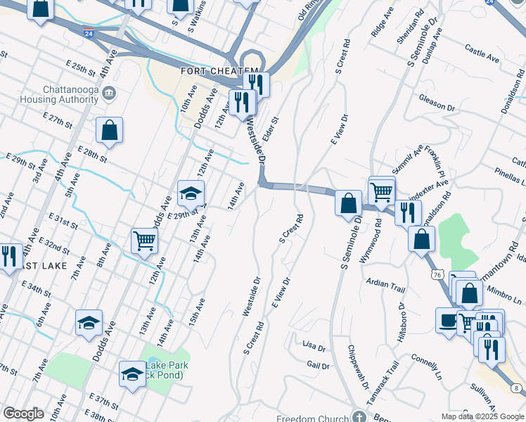 map of restaurants, bars, coffee shops, grocery stores, and more near 2904 Westside Drive in Chattanooga