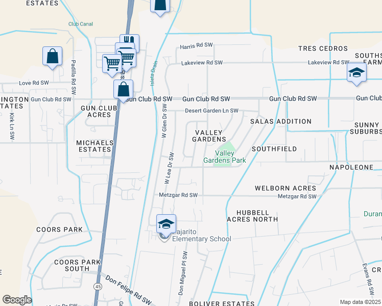 map of restaurants, bars, coffee shops, grocery stores, and more near 4615 Chetwood Lane Southwest in Albuquerque