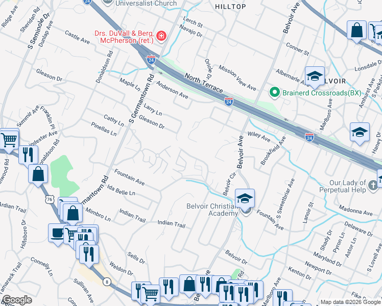 map of restaurants, bars, coffee shops, grocery stores, and more near 3717 Marley Way in Chattanooga