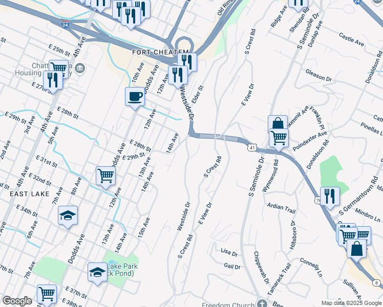 map of restaurants, bars, coffee shops, grocery stores, and more near 2904 Westside Drive in Chattanooga