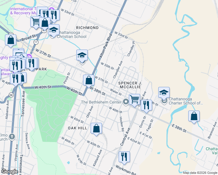 map of restaurants, bars, coffee shops, grocery stores, and more near 3710 Ohls Avenue in Chattanooga