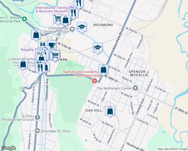 map of restaurants, bars, coffee shops, grocery stores, and more near 913 West 39th Street in Chattanooga