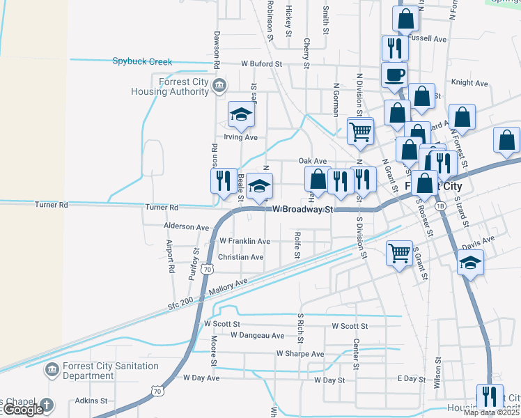 map of restaurants, bars, coffee shops, grocery stores, and more near 616 West Broadway Avenue in Forrest City