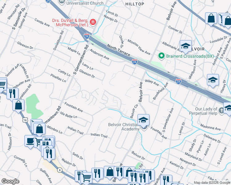 map of restaurants, bars, coffee shops, grocery stores, and more near 728 Bacon Trail in Chattanooga