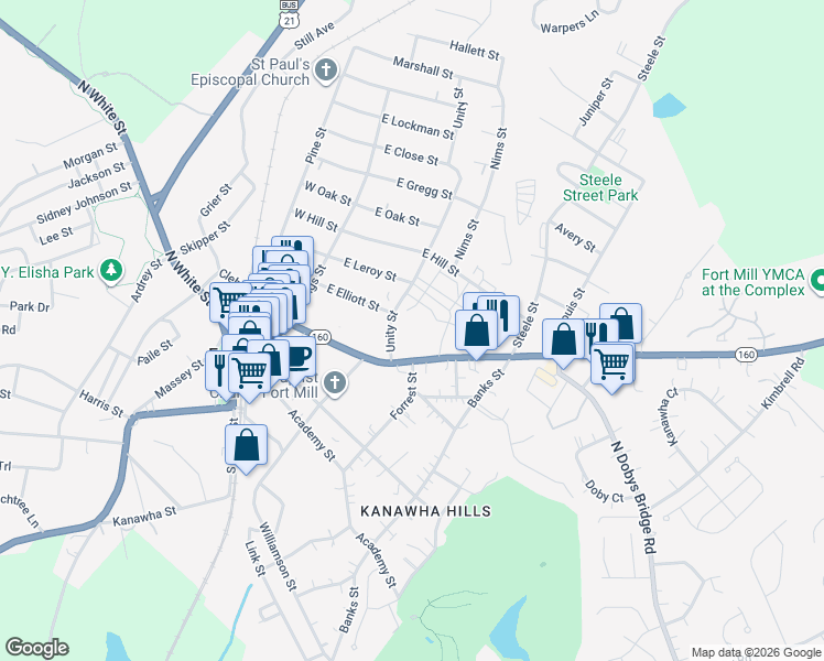 map of restaurants, bars, coffee shops, grocery stores, and more near 303 Tom Hall Street in Fort Mill