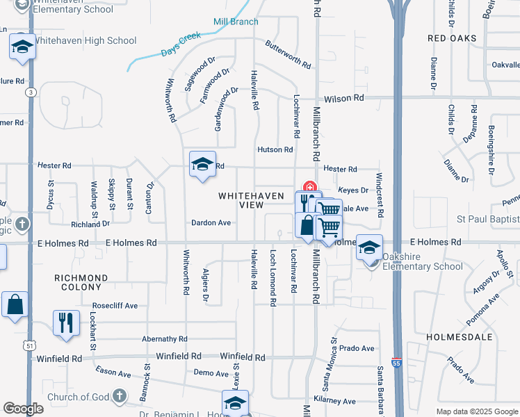 map of restaurants, bars, coffee shops, grocery stores, and more near 5140 Haleville Road in Memphis