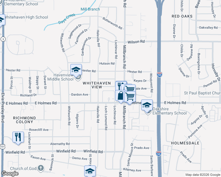 map of restaurants, bars, coffee shops, grocery stores, and more near 1625 Leigh Drive in Memphis