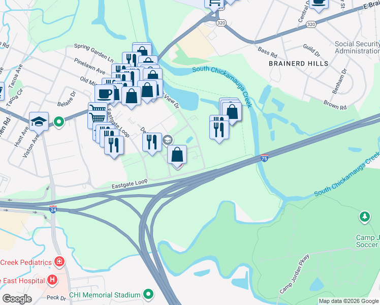 map of restaurants, bars, coffee shops, grocery stores, and more near 481 Skurlock Road in Chattanooga