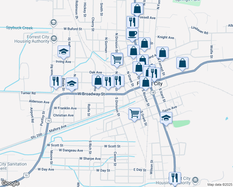 map of restaurants, bars, coffee shops, grocery stores, and more near in Forrest City