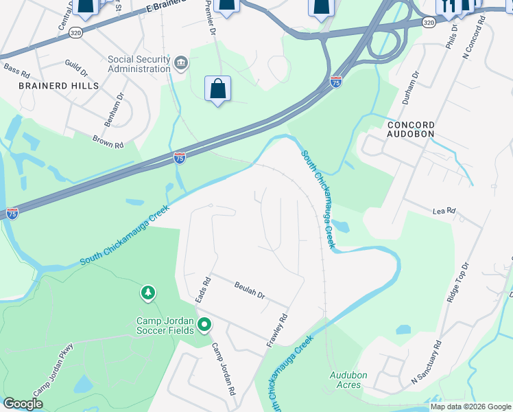 map of restaurants, bars, coffee shops, grocery stores, and more near 15 Frawley Road in Chattanooga