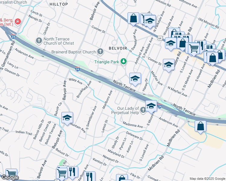 map of restaurants, bars, coffee shops, grocery stores, and more near 4306 South Terrace in Chattanooga