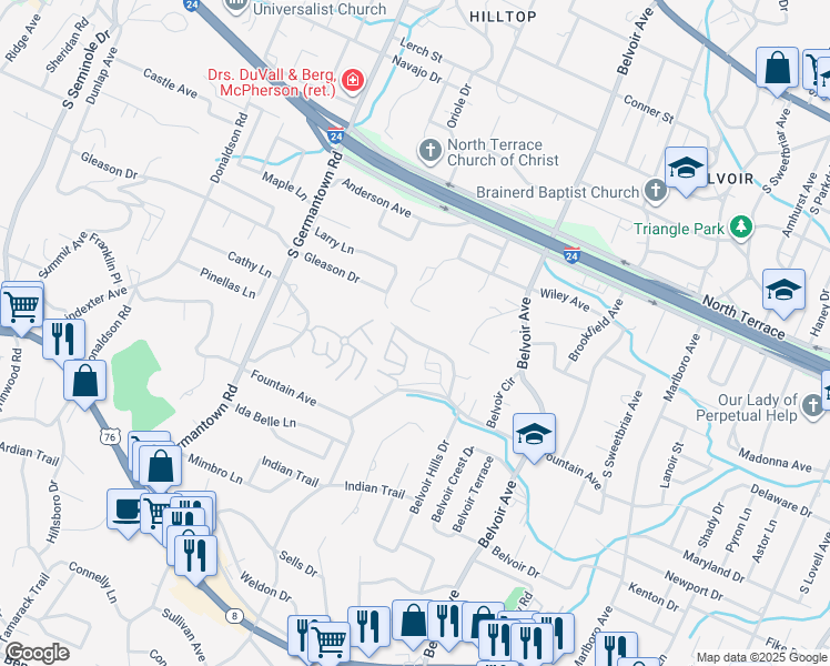 map of restaurants, bars, coffee shops, grocery stores, and more near 3717 Marley Way in Chattanooga