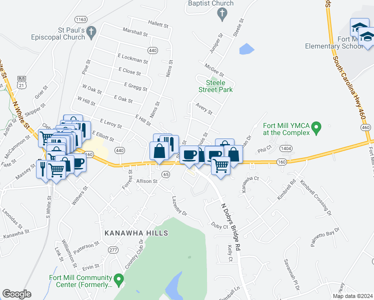 map of restaurants, bars, coffee shops, grocery stores, and more near 109 Steele Street in Fort Mill