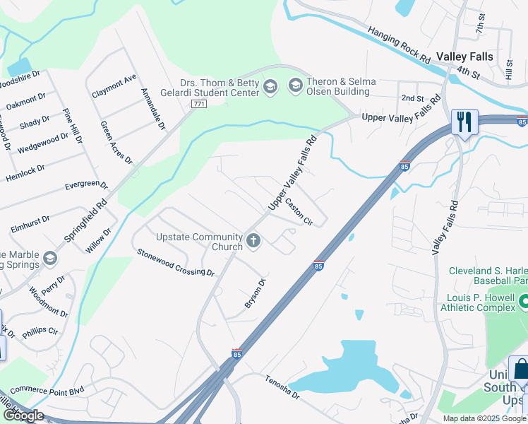 map of restaurants, bars, coffee shops, grocery stores, and more near 842 Upper Valley Falls Road in Boiling Springs